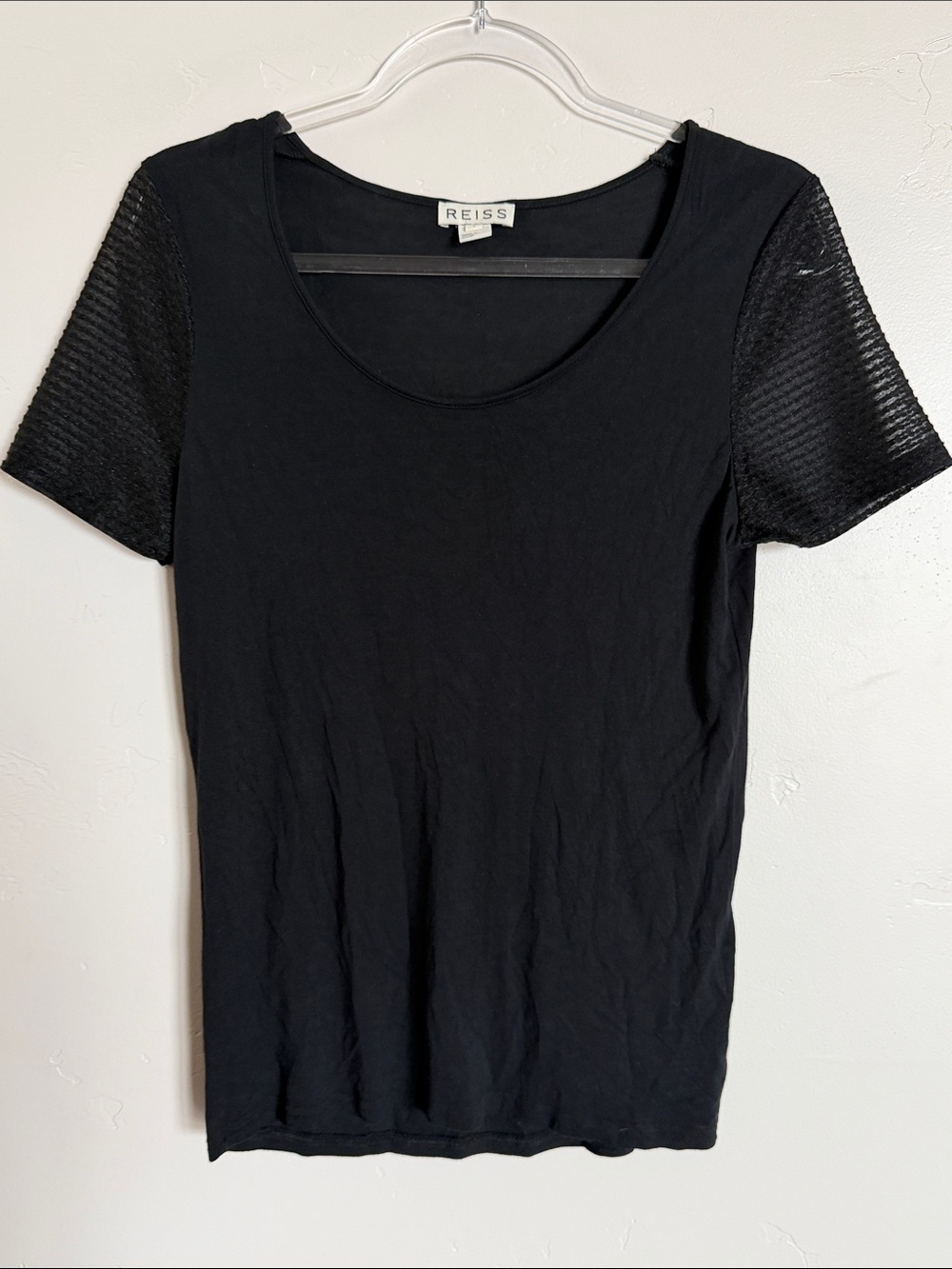 Reiss Black Scoop Neck Short Sleeve Tee with Textured Sleeves